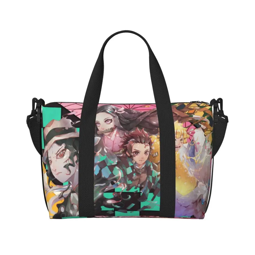 Custom Demons Slayers Anime Manga Beach Tote Bag for Women Tanjiro Kamado Nezuko Big Compartment Gym Beach Travel Bags