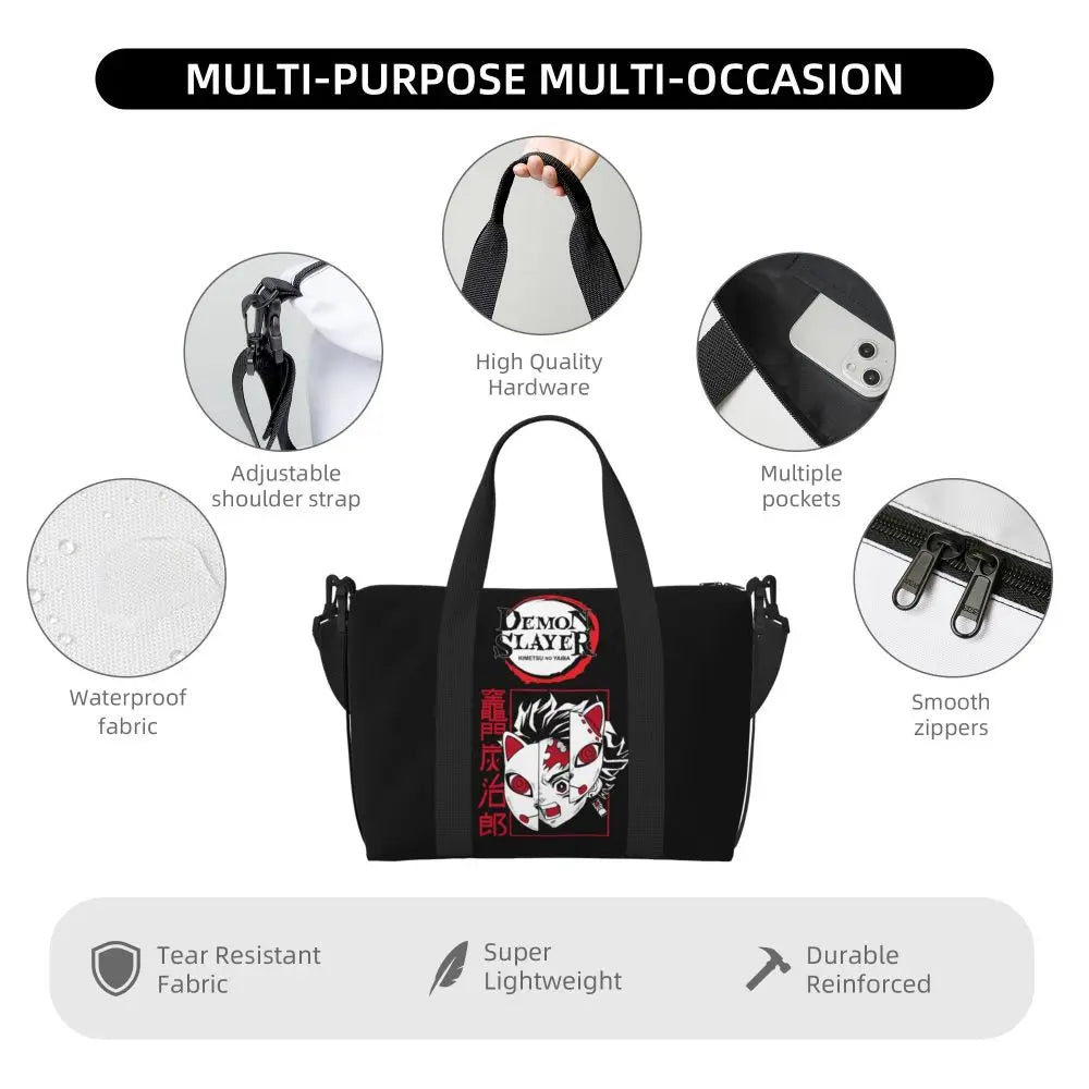 Custom Demons Slayers Anime Manga Beach Tote Bag for Women Tanjiro Kamado Nezuko Big Compartment Gym Beach Travel Bags