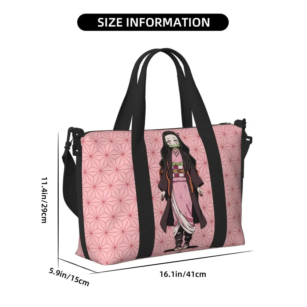 Custom Demons Slayers Anime Manga Beach Tote Bag for Women Tanjiro Kamado Nezuko Big Compartment Gym Beach Travel Bags