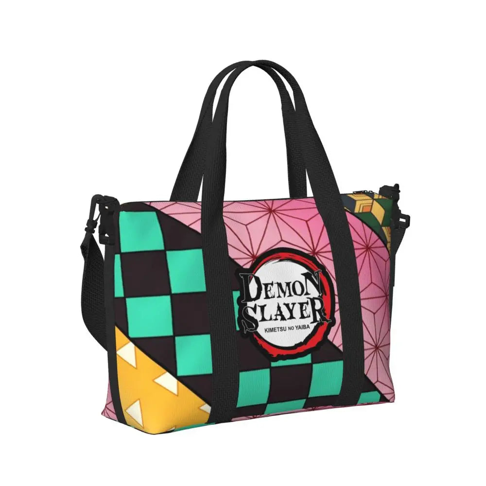 Custom Demons Slayers Anime Manga Beach Tote Bag for Women Tanjiro Kamado Nezuko Big Compartment Gym Beach Travel Bags