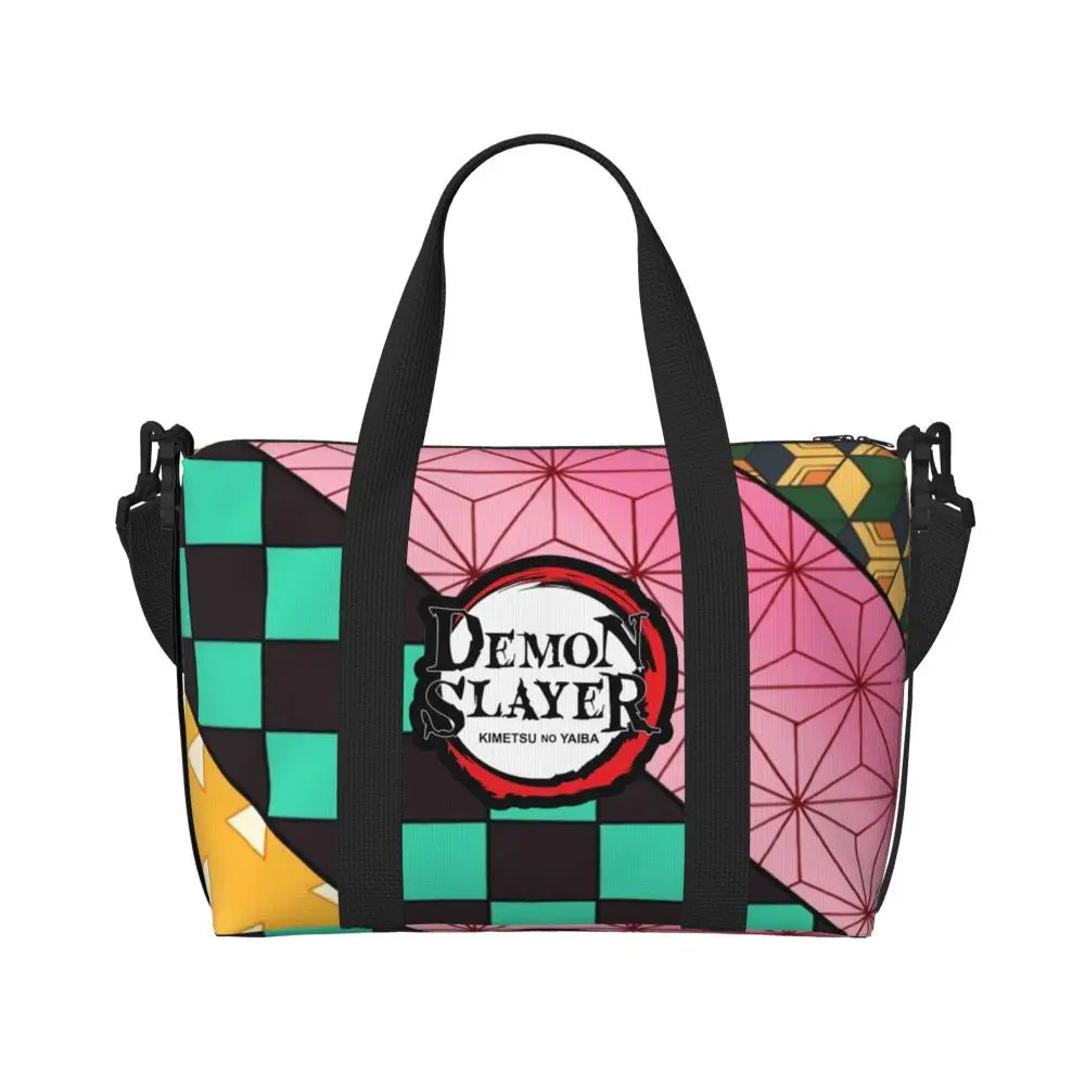 Custom Demons Slayers Anime Manga Beach Tote Bag for Women Tanjiro Kamado Nezuko Big Compartment Gym Beach Travel Bags