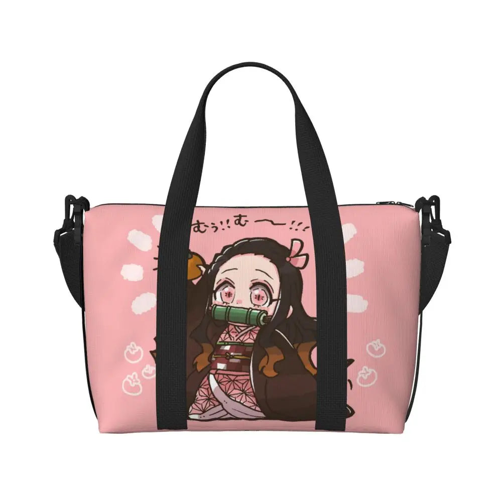 Custom Demons Slayers Anime Manga Beach Tote Bag for Women Tanjiro Kamado Nezuko Big Compartment Gym Beach Travel Bags