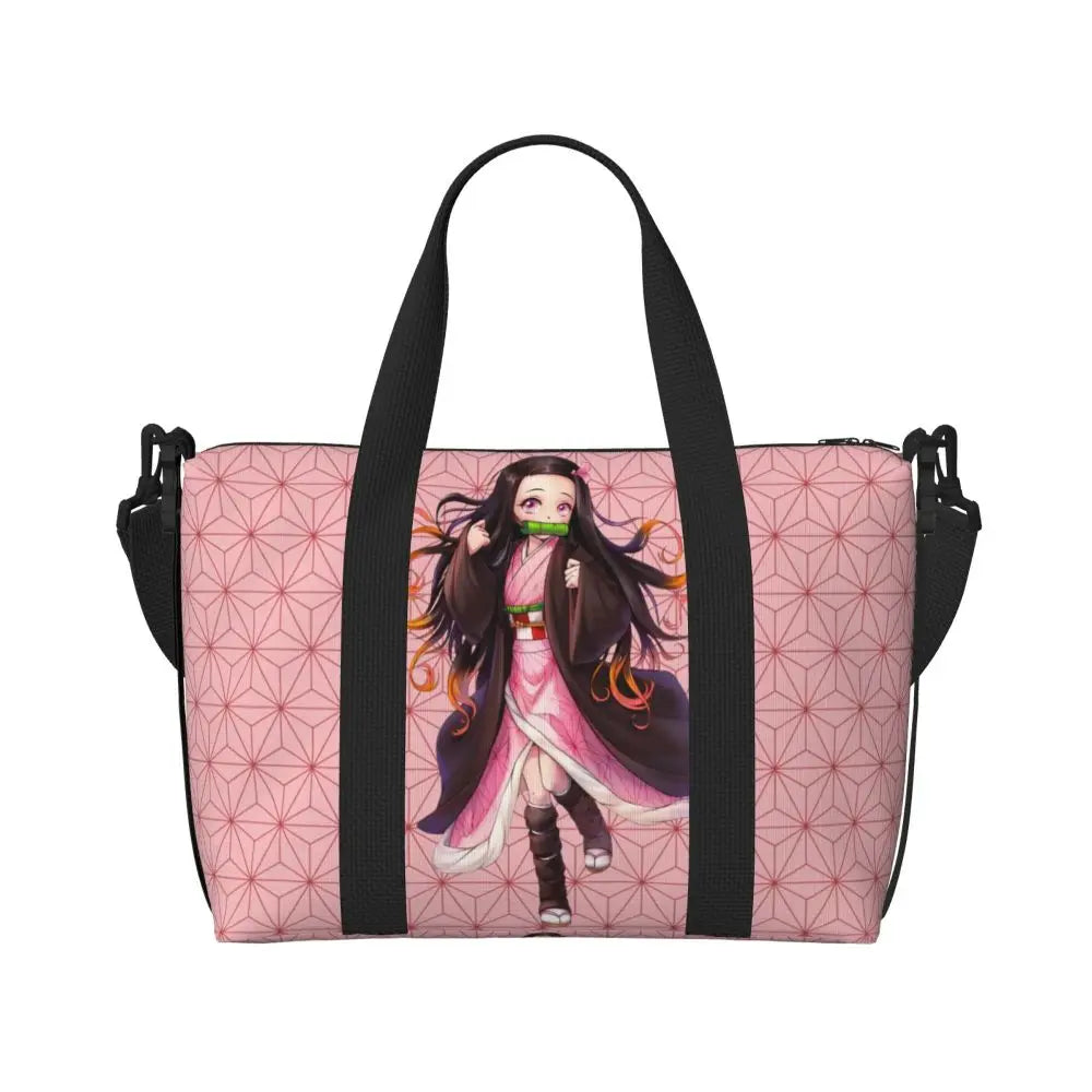 Custom Demons Slayers Anime Manga Beach Tote Bag for Women Tanjiro Kamado Nezuko Big Compartment Gym Beach Travel Bags