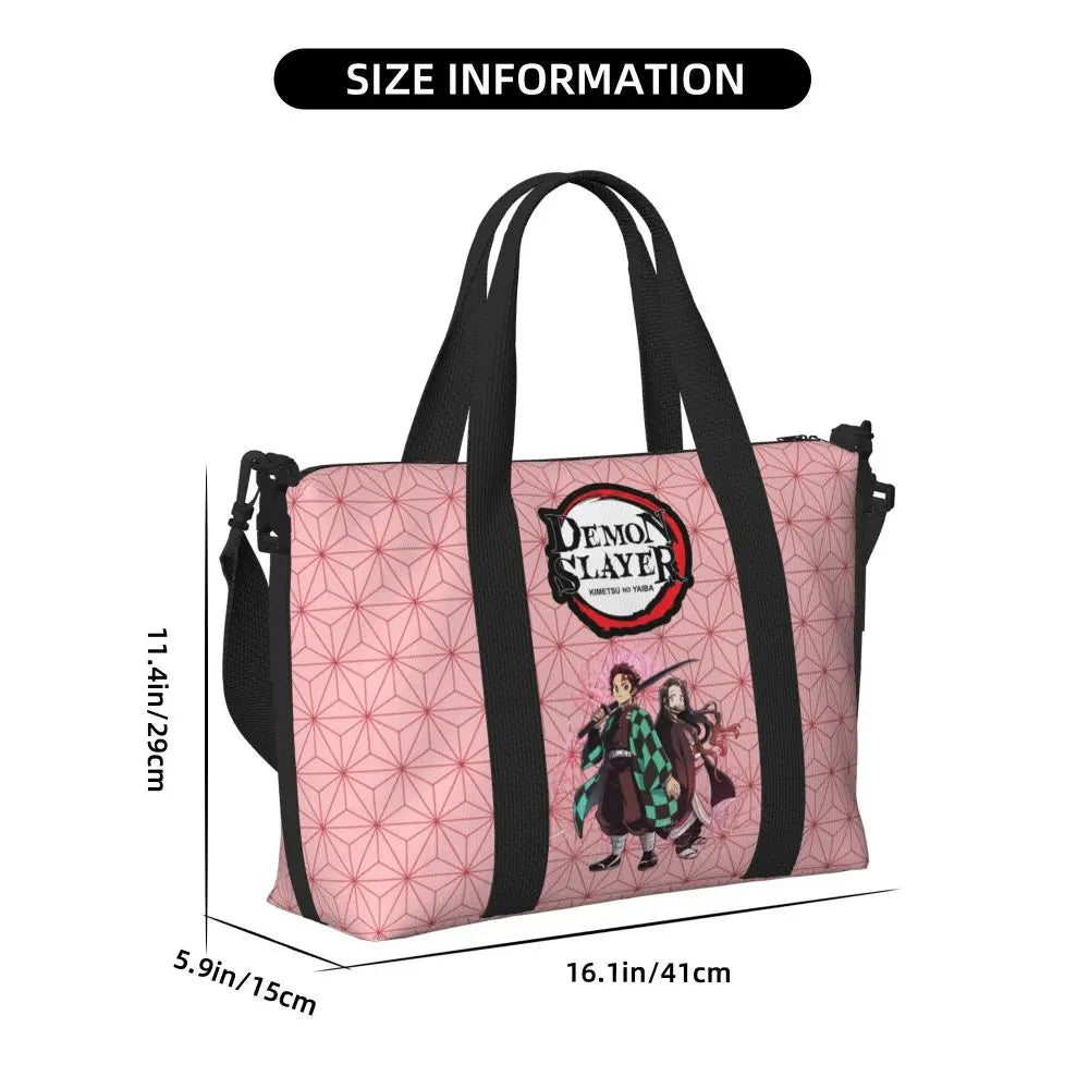 Custom Demons Slayers Anime Manga Beach Tote Bag for Women Tanjiro Kamado Nezuko Big Compartment Gym Beach Travel Bags