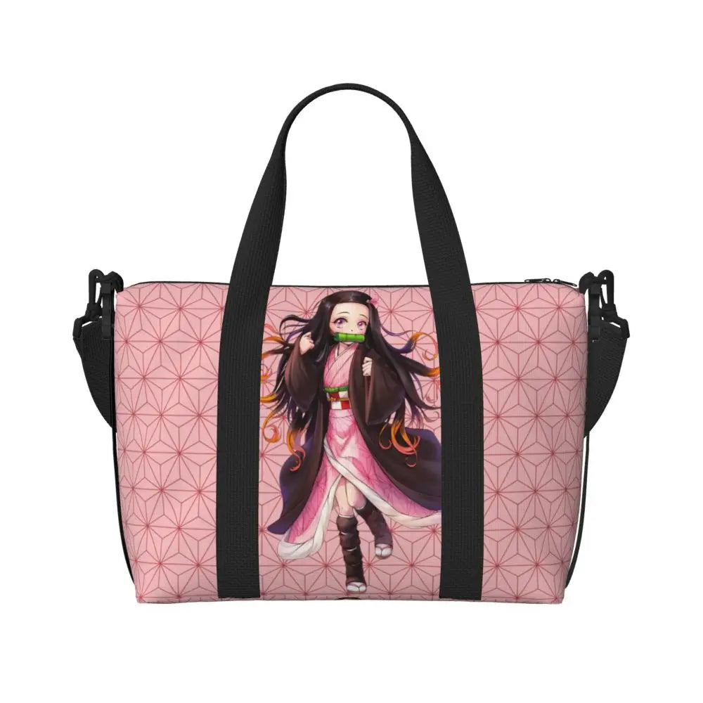 Custom Demons Slayers Anime Manga Beach Tote Bag for Women Tanjiro Kamado Nezuko Big Compartment Gym Beach Travel Bags