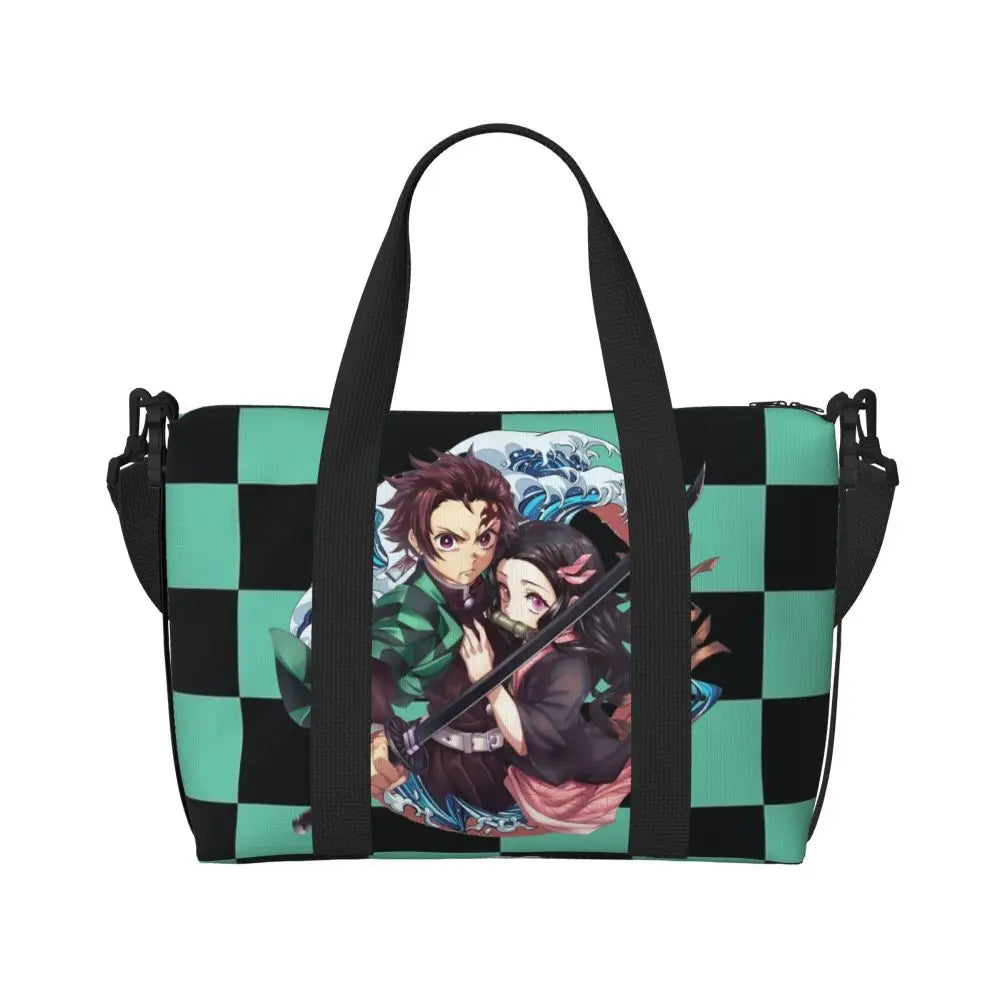 Custom Demons Slayers Anime Manga Beach Tote Bag for Women Tanjiro Kamado Nezuko Big Compartment Gym Beach Travel Bags
