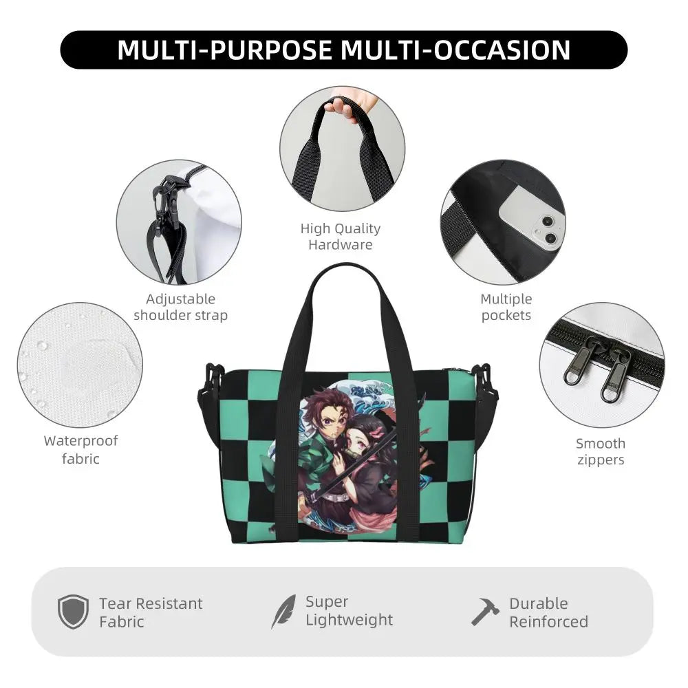 Custom Demons Slayers Anime Manga Beach Tote Bag for Women Tanjiro Kamado Nezuko Big Compartment Gym Beach Travel Bags