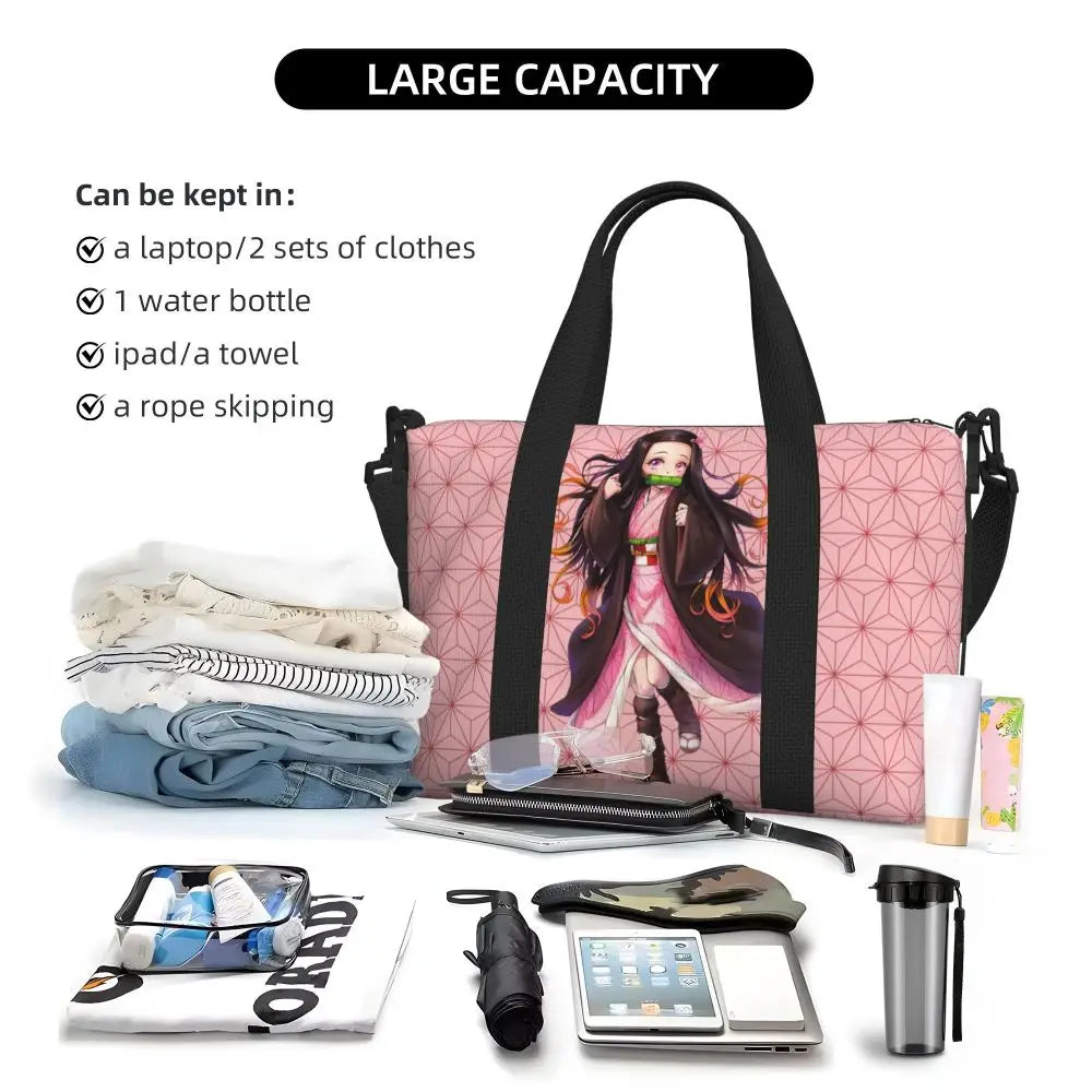 Custom Demons Slayers Anime Manga Beach Tote Bag for Women Tanjiro Kamado Nezuko Big Compartment Gym Beach Travel Bags