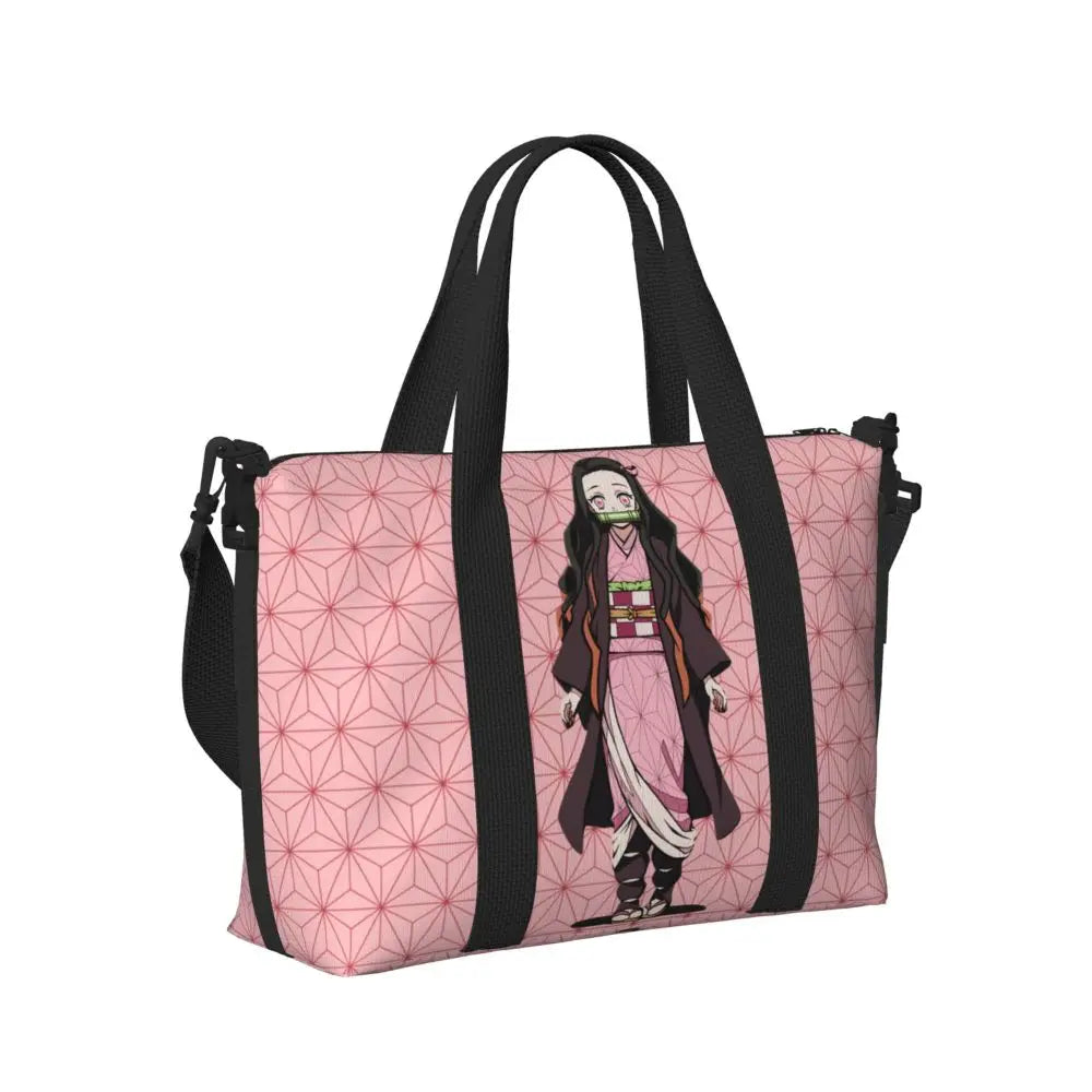 Custom Demons Slayers Anime Manga Beach Tote Bag for Women Tanjiro Kamado Nezuko Big Compartment Gym Beach Travel Bags
