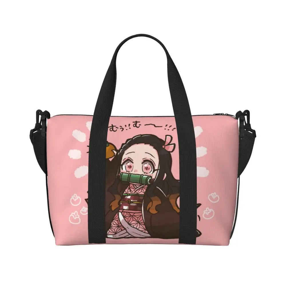 Custom Demons Slayers Anime Manga Beach Tote Bag for Women Tanjiro Kamado Nezuko Big Compartment Gym Beach Travel Bags
