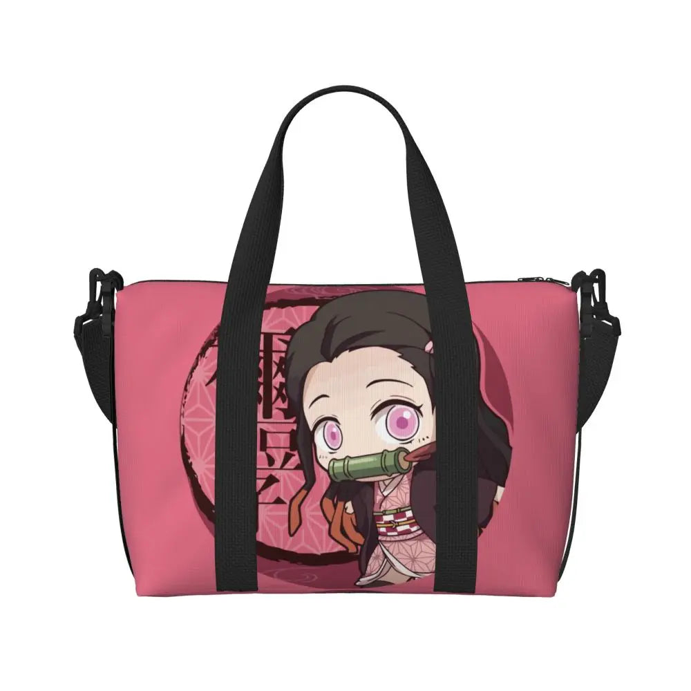 Custom Demons Slayers Anime Manga Beach Tote Bag for Women Tanjiro Kamado Nezuko Big Compartment Gym Beach Travel Bags