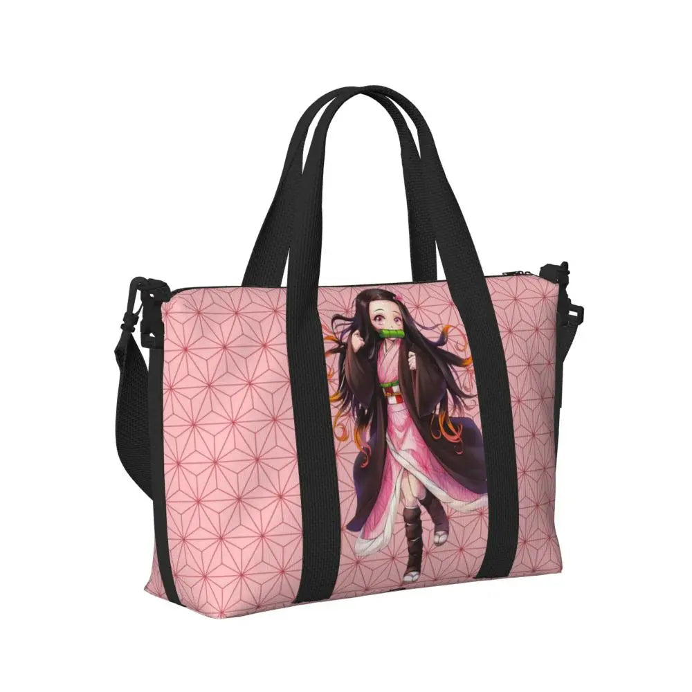 Custom Demons Slayers Anime Manga Beach Tote Bag for Women Tanjiro Kamado Nezuko Big Compartment Gym Beach Travel Bags