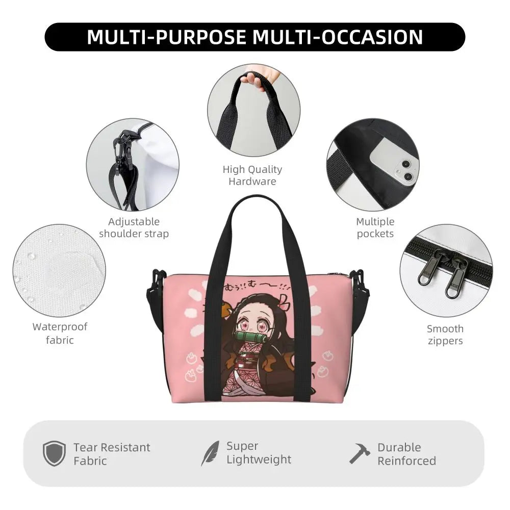 Custom Demons Slayers Anime Manga Beach Tote Bag for Women Tanjiro Kamado Nezuko Big Compartment Gym Beach Travel Bags