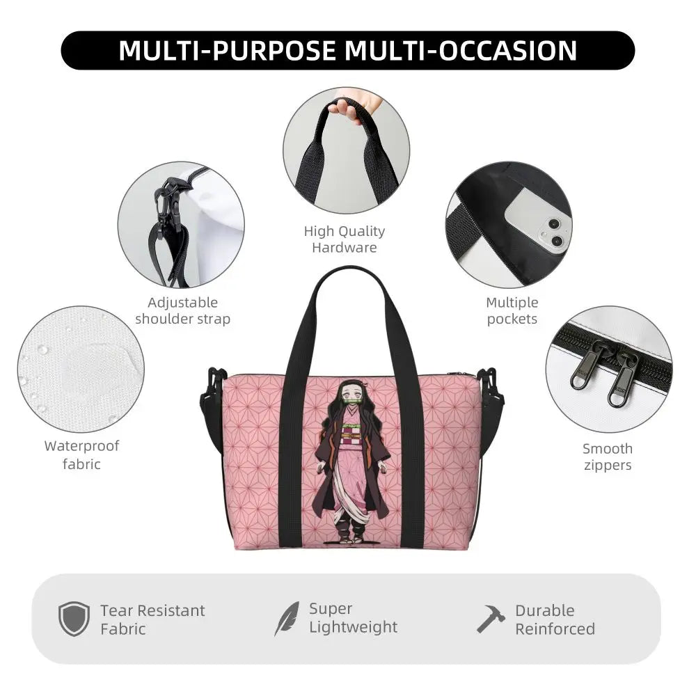 Custom Demons Slayers Anime Manga Beach Tote Bag for Women Tanjiro Kamado Nezuko Big Compartment Gym Beach Travel Bags