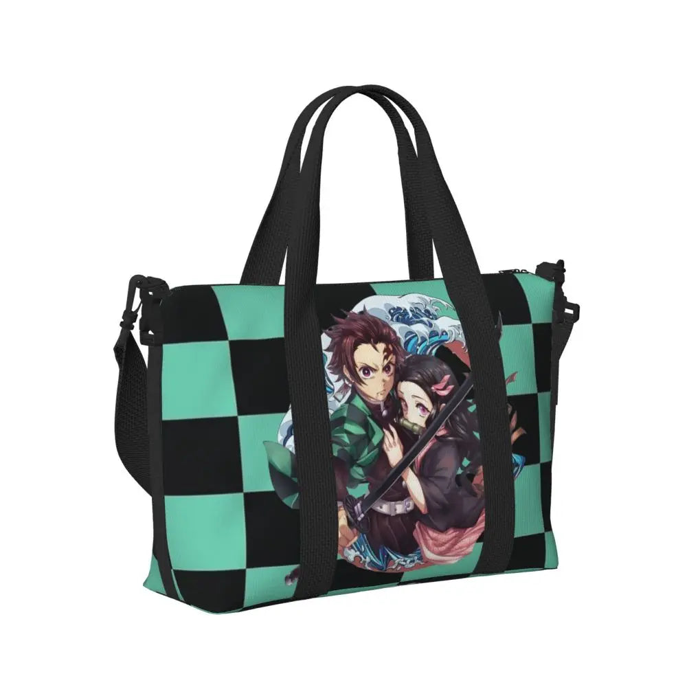 Custom Demons Slayers Anime Manga Beach Tote Bag for Women Tanjiro Kamado Nezuko Big Compartment Gym Beach Travel Bags