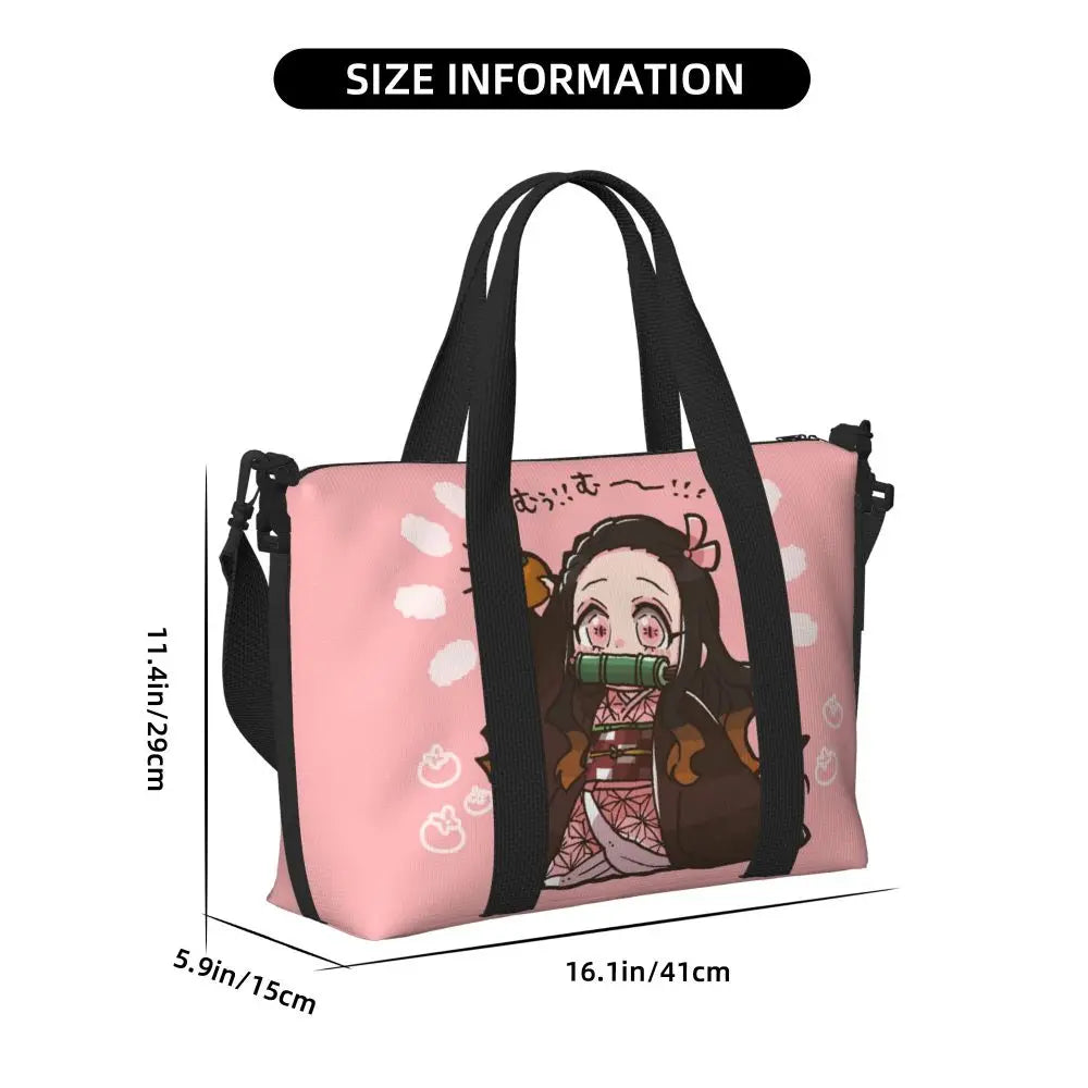 Custom Demons Slayers Anime Manga Beach Tote Bag for Women Tanjiro Kamado Nezuko Big Compartment Gym Beach Travel Bags