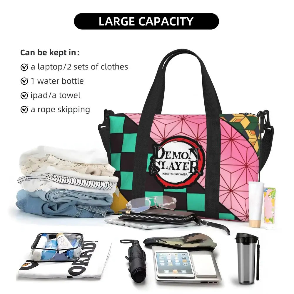 Custom Demons Slayers Anime Manga Beach Tote Bag for Women Tanjiro Kamado Nezuko Big Compartment Gym Beach Travel Bags