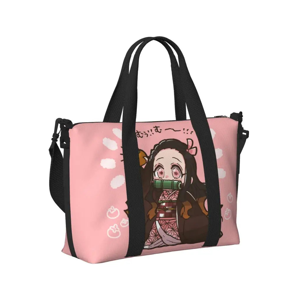 Custom Demons Slayers Anime Manga Beach Tote Bag for Women Tanjiro Kamado Nezuko Big Compartment Gym Beach Travel Bags