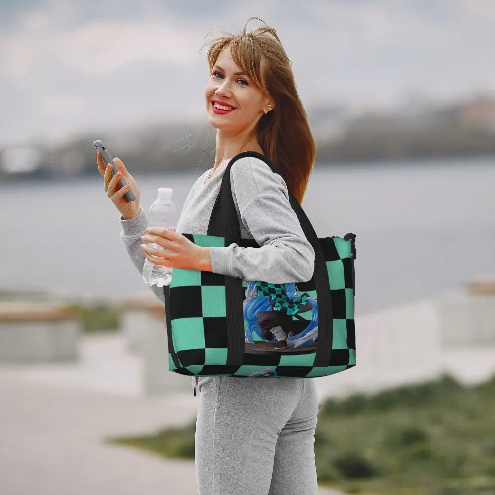 Custom Demons Slayers Anime Manga Beach Tote Bag for Women Tanjiro Kamado Nezuko Big Compartment Gym Beach Travel Bags