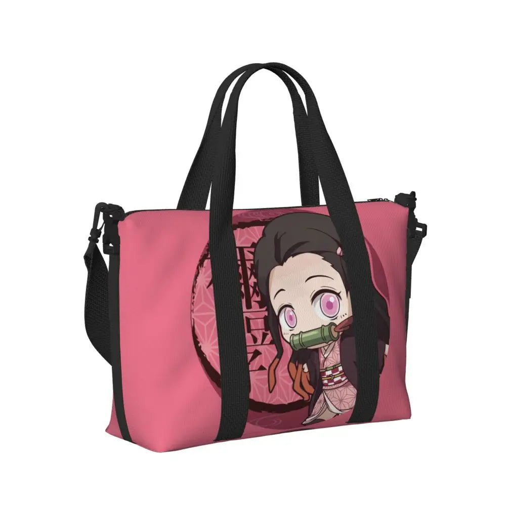 Custom Demons Slayers Anime Manga Beach Tote Bag for Women Tanjiro Kamado Nezuko Big Compartment Gym Beach Travel Bags