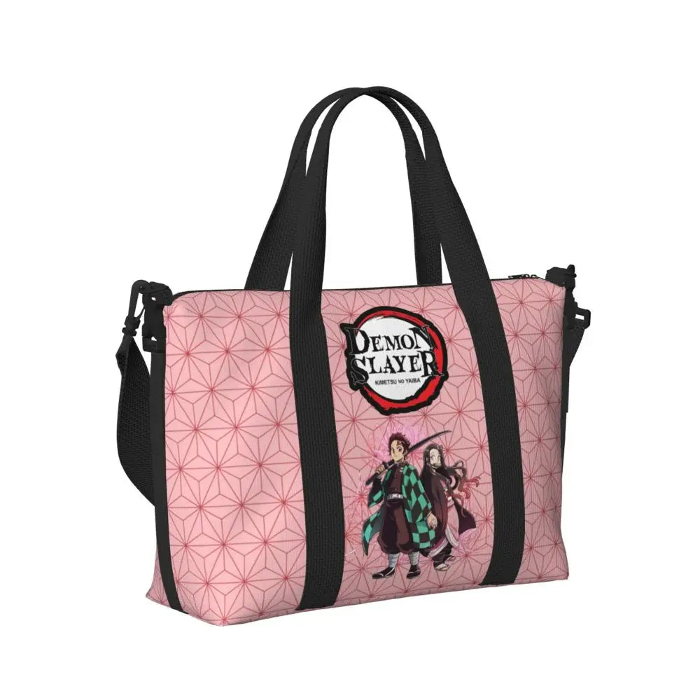 Custom Demons Slayers Anime Manga Beach Tote Bag for Women Tanjiro Kamado Nezuko Big Compartment Gym Beach Travel Bags