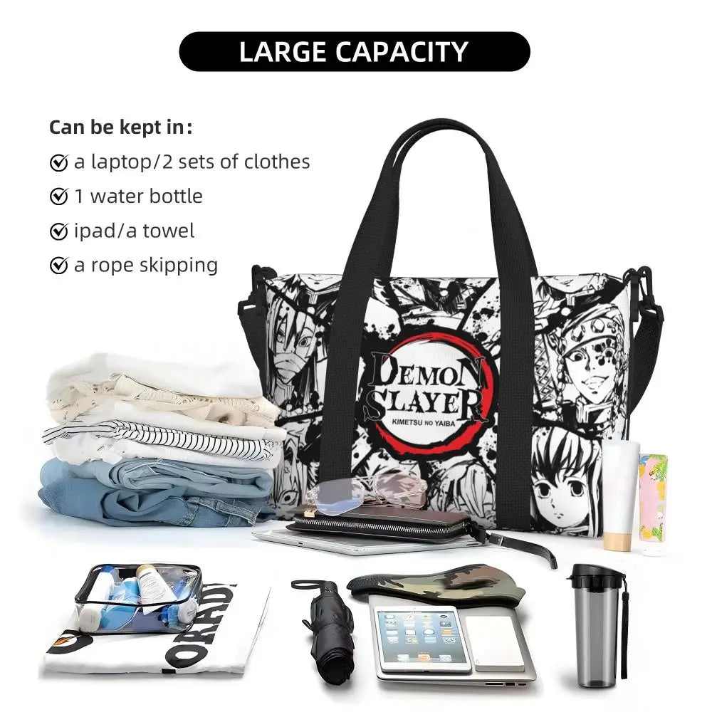 Custom Demons Slayers Anime Manga Beach Tote Bag for Women Tanjiro Kamado Nezuko Big Compartment Gym Beach Travel Bags