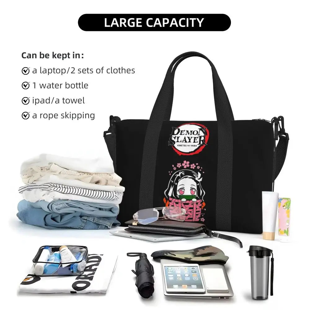 Custom Demons Slayers Anime Manga Beach Tote Bag for Women Tanjiro Kamado Nezuko Big Compartment Gym Beach Travel Bags