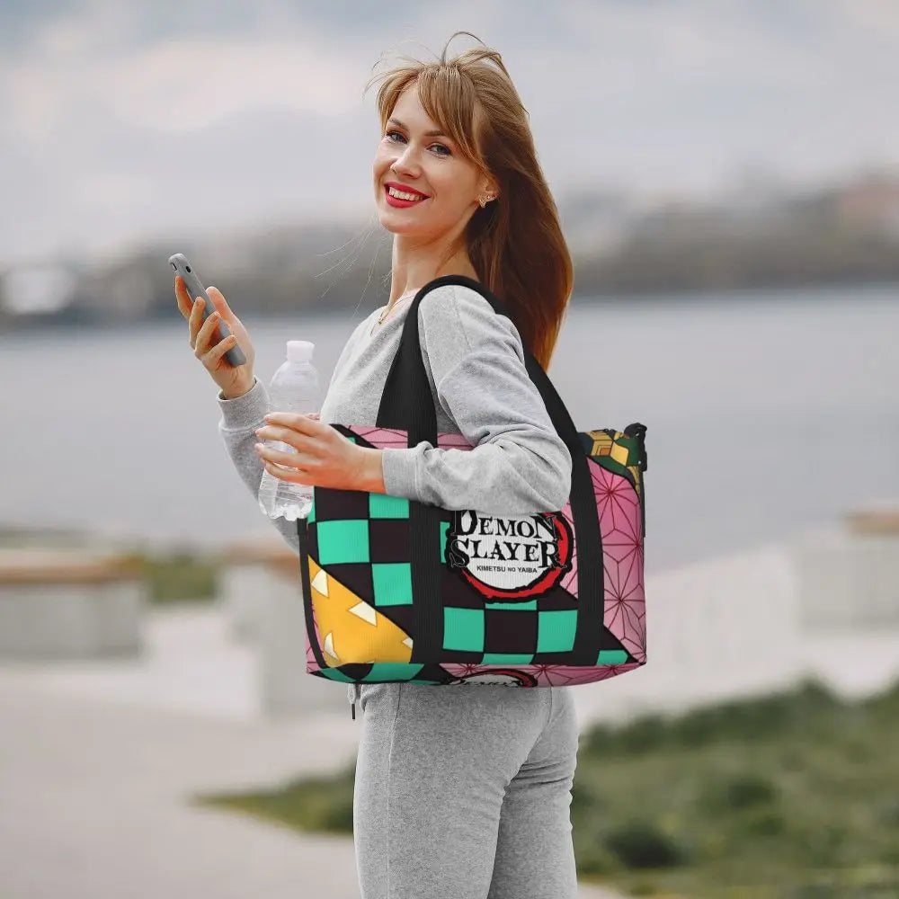 Custom Demons Slayers Anime Manga Beach Tote Bag for Women Tanjiro Kamado Nezuko Big Compartment Gym Beach Travel Bags