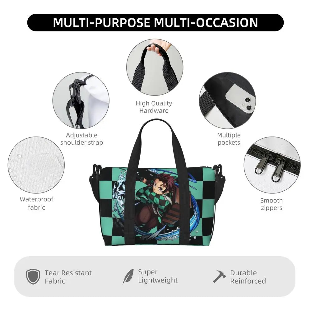 Custom Demons Slayers Anime Manga Beach Tote Bag for Women Tanjiro Kamado Nezuko Big Compartment Gym Beach Travel Bags