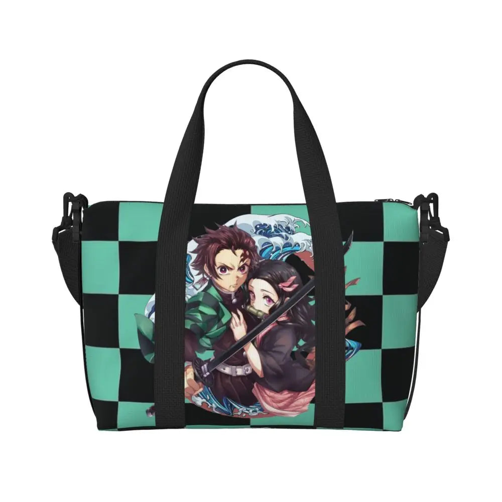 Custom Demons Slayers Anime Manga Beach Tote Bag for Women Tanjiro Kamado Nezuko Big Compartment Gym Beach Travel Bags