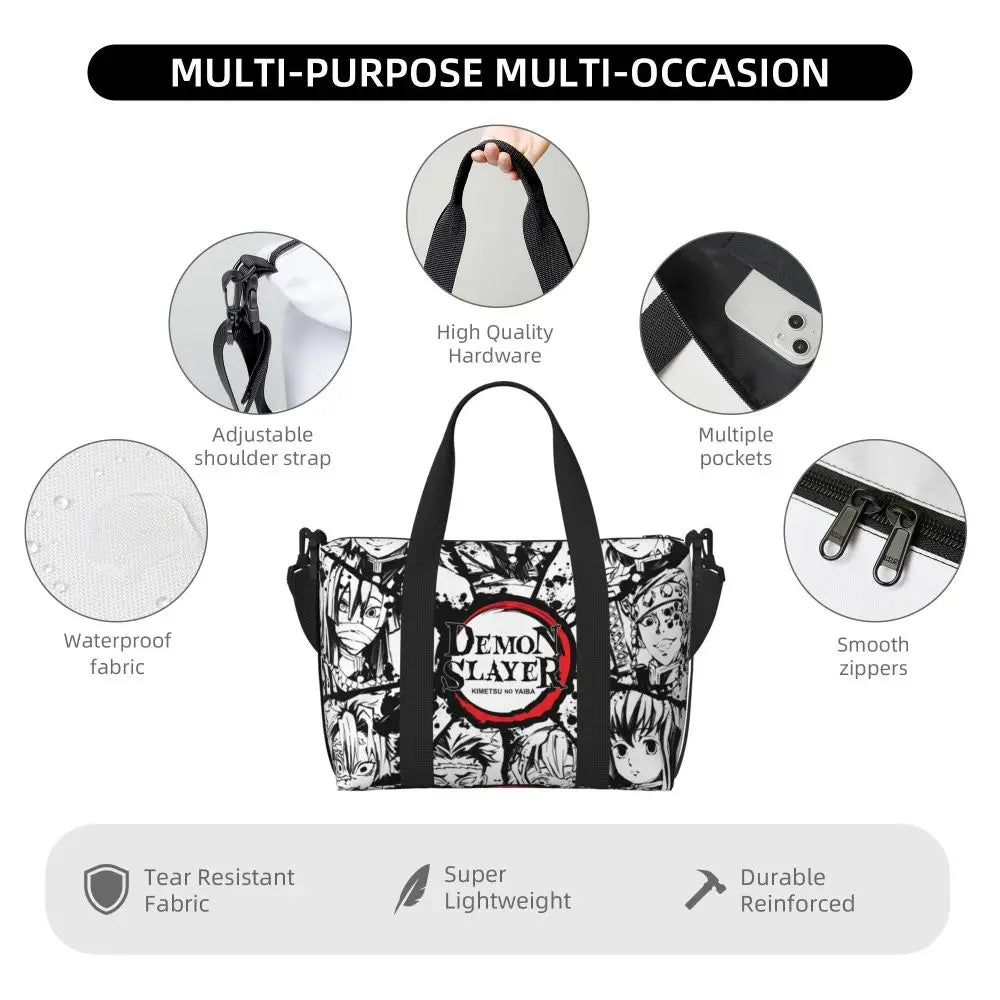 Custom Demons Slayers Anime Manga Beach Tote Bag for Women Tanjiro Kamado Nezuko Big Compartment Gym Beach Travel Bags