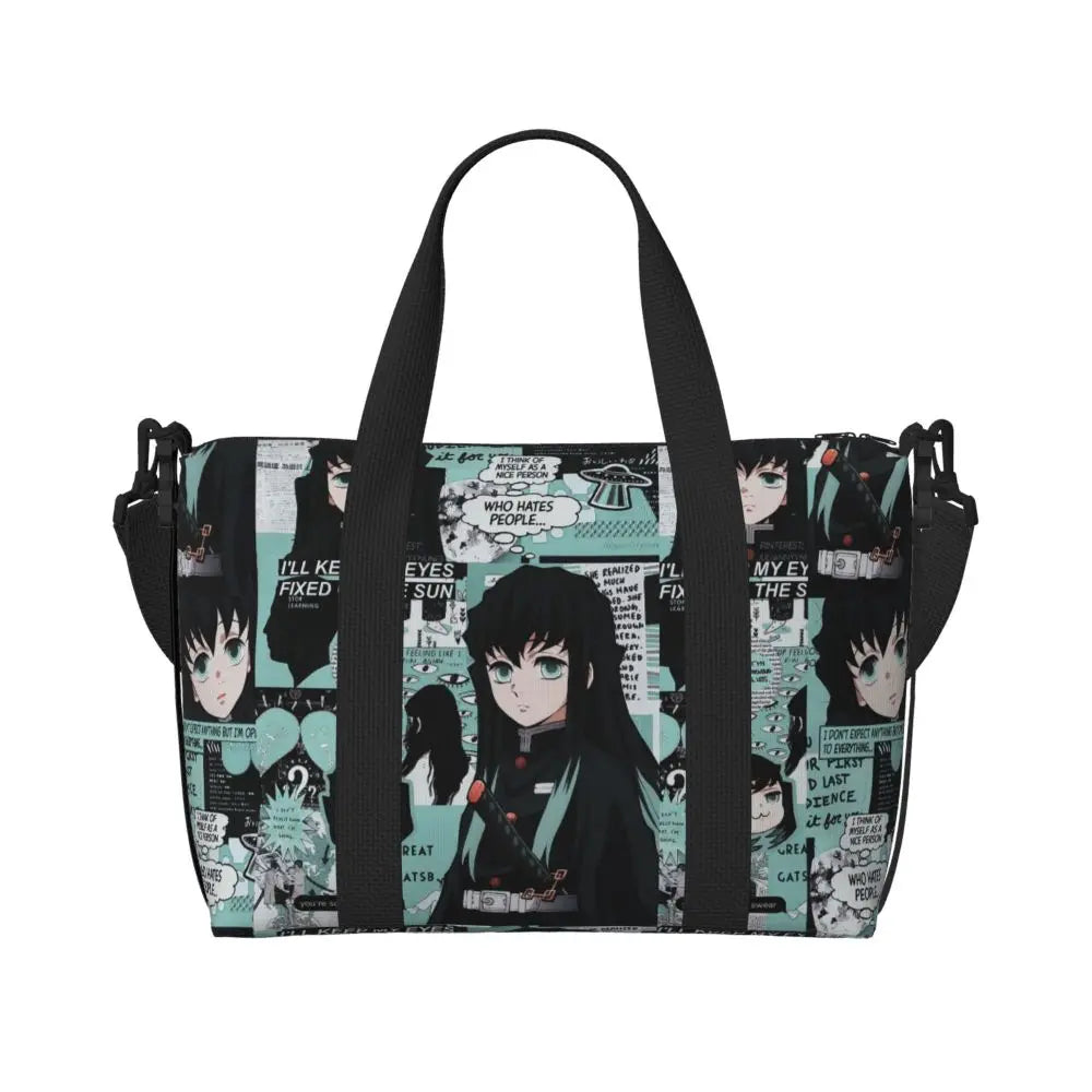 Custom Demons Slayers Anime Manga Beach Tote Bag for Women Tanjiro Kamado Nezuko Big Compartment Gym Beach Travel Bags