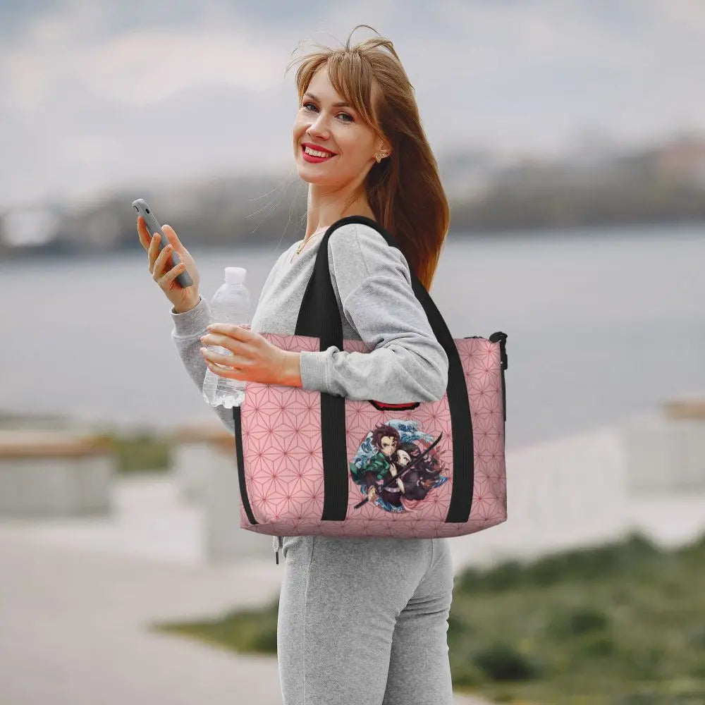 Custom Demons Slayers Anime Manga Beach Tote Bag for Women Tanjiro Kamado Nezuko Big Compartment Gym Beach Travel Bags