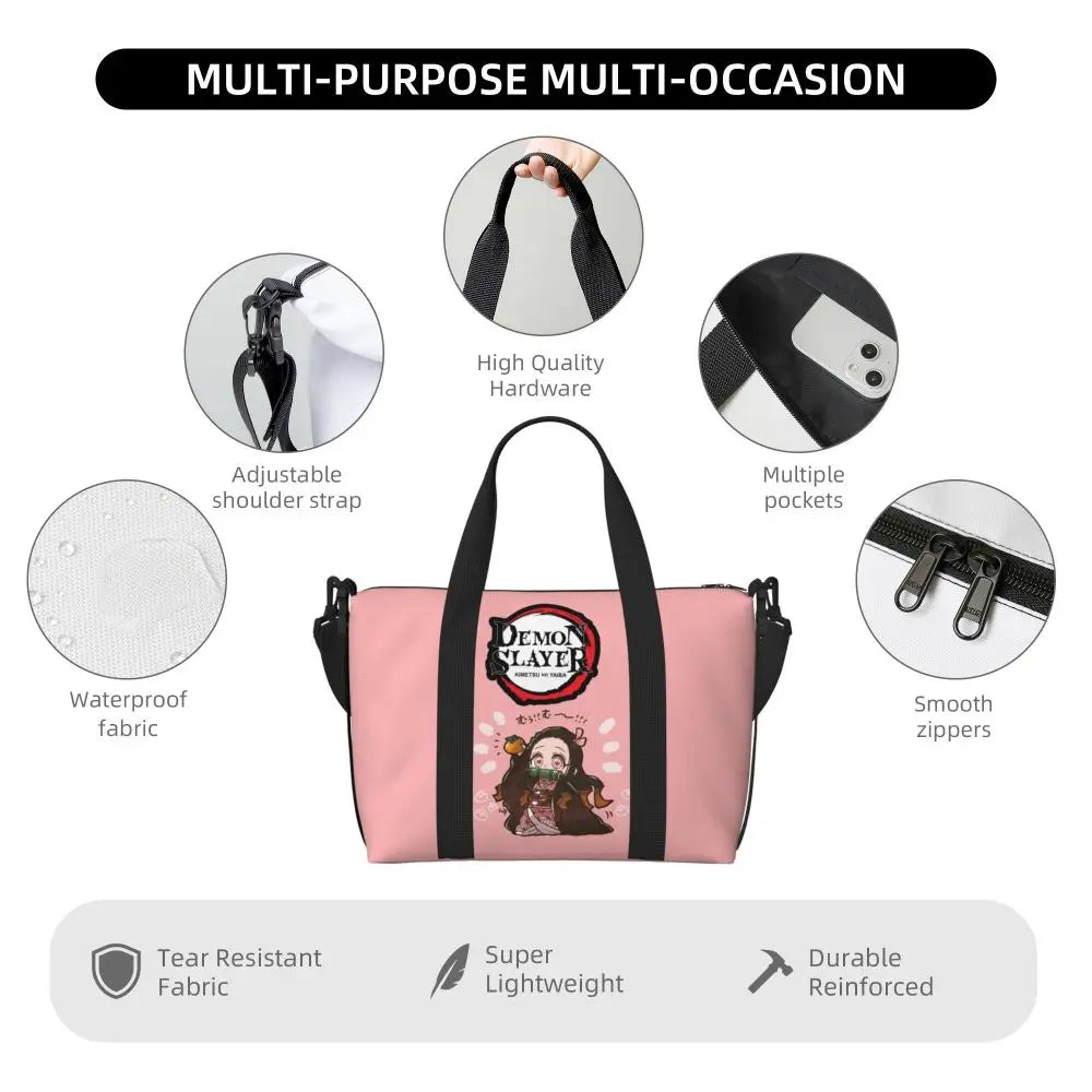 Custom Demons Slayers Anime Manga Beach Tote Bag for Women Tanjiro Kamado Nezuko Big Compartment Gym Beach Travel Bags