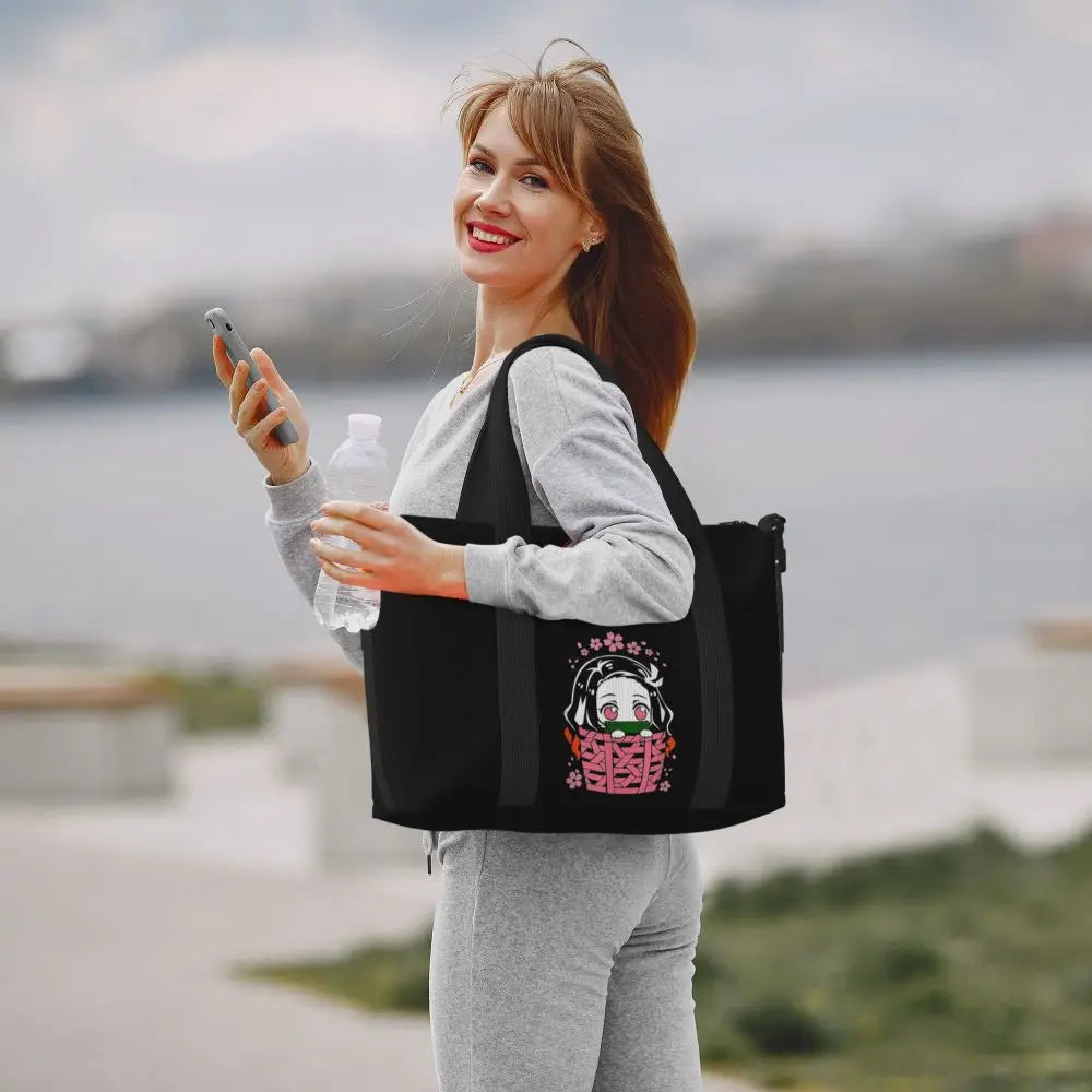 Custom Demons Slayers Anime Manga Beach Tote Bag for Women Tanjiro Kamado Nezuko Big Compartment Gym Beach Travel Bags