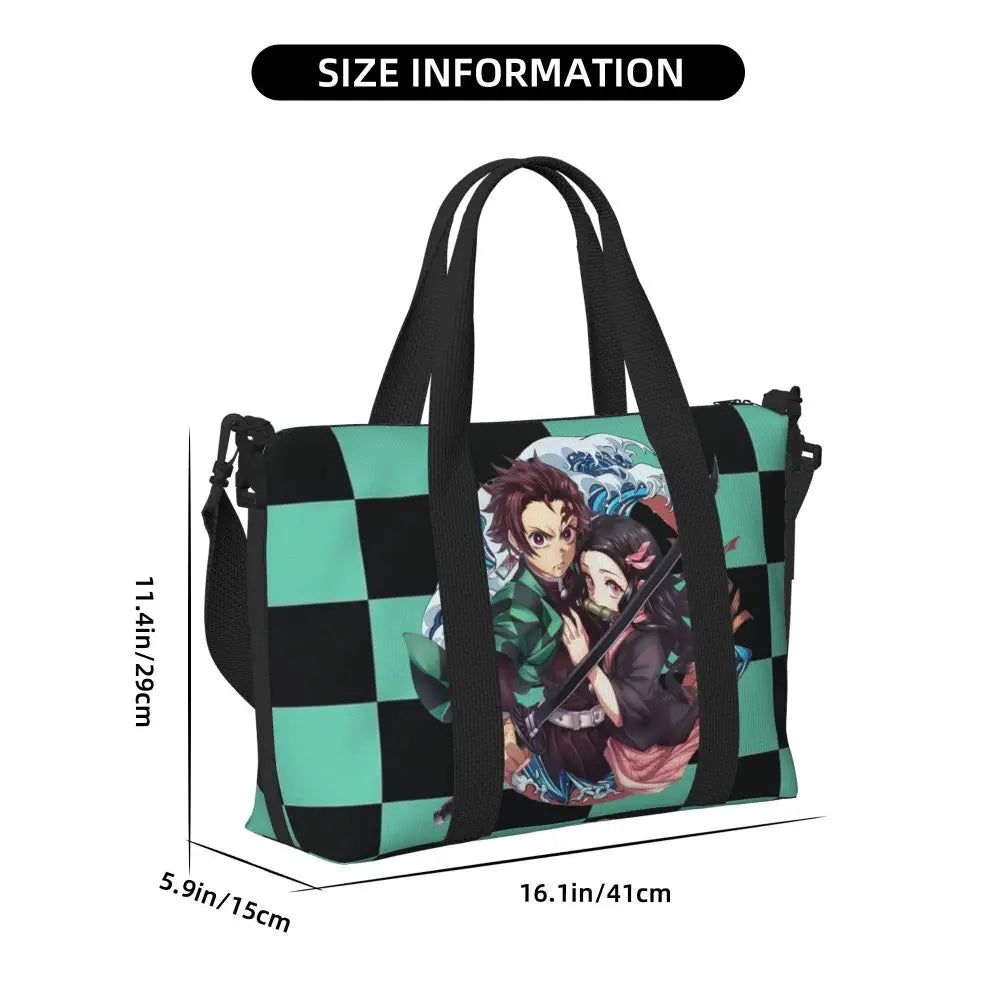 Custom Demons Slayers Anime Manga Beach Tote Bag for Women Tanjiro Kamado Nezuko Big Compartment Gym Beach Travel Bags