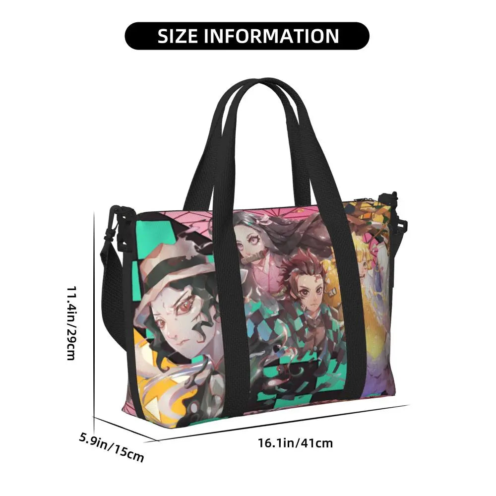 Custom Demons Slayers Anime Manga Beach Tote Bag for Women Tanjiro Kamado Nezuko Big Compartment Gym Beach Travel Bags