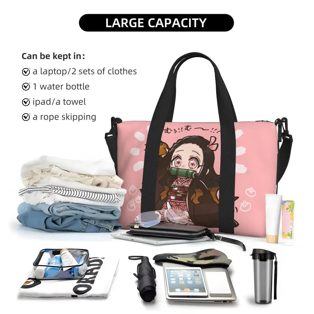 Custom Demons Slayers Anime Manga Beach Tote Bag for Women Tanjiro Kamado Nezuko Big Compartment Gym Beach Travel Bags