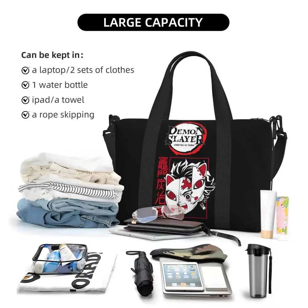 Custom Demons Slayers Anime Manga Beach Tote Bag for Women Tanjiro Kamado Nezuko Big Compartment Gym Beach Travel Bags
