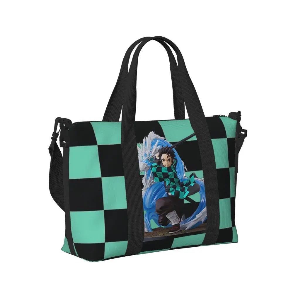 Custom Demons Slayers Anime Manga Beach Tote Bag for Women Tanjiro Kamado Nezuko Big Compartment Gym Beach Travel Bags