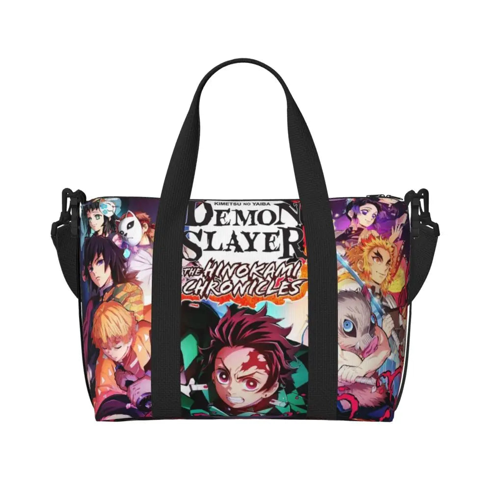 Custom Demons Slayers Anime Manga Beach Tote Bag for Women Tanjiro Kamado Nezuko Big Compartment Gym Beach Travel Bags
