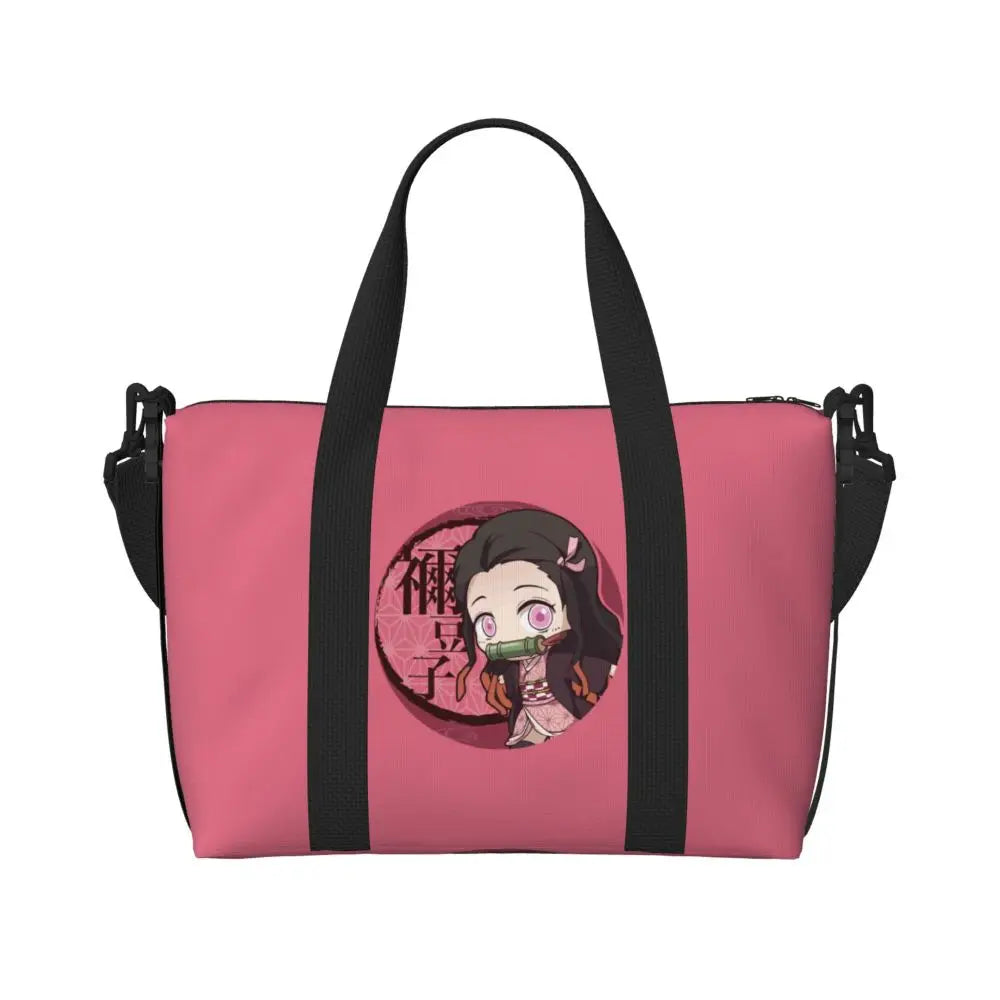 Custom Demons Slayers Anime Manga Beach Tote Bag for Women Tanjiro Kamado Nezuko Big Compartment Gym Beach Travel Bags