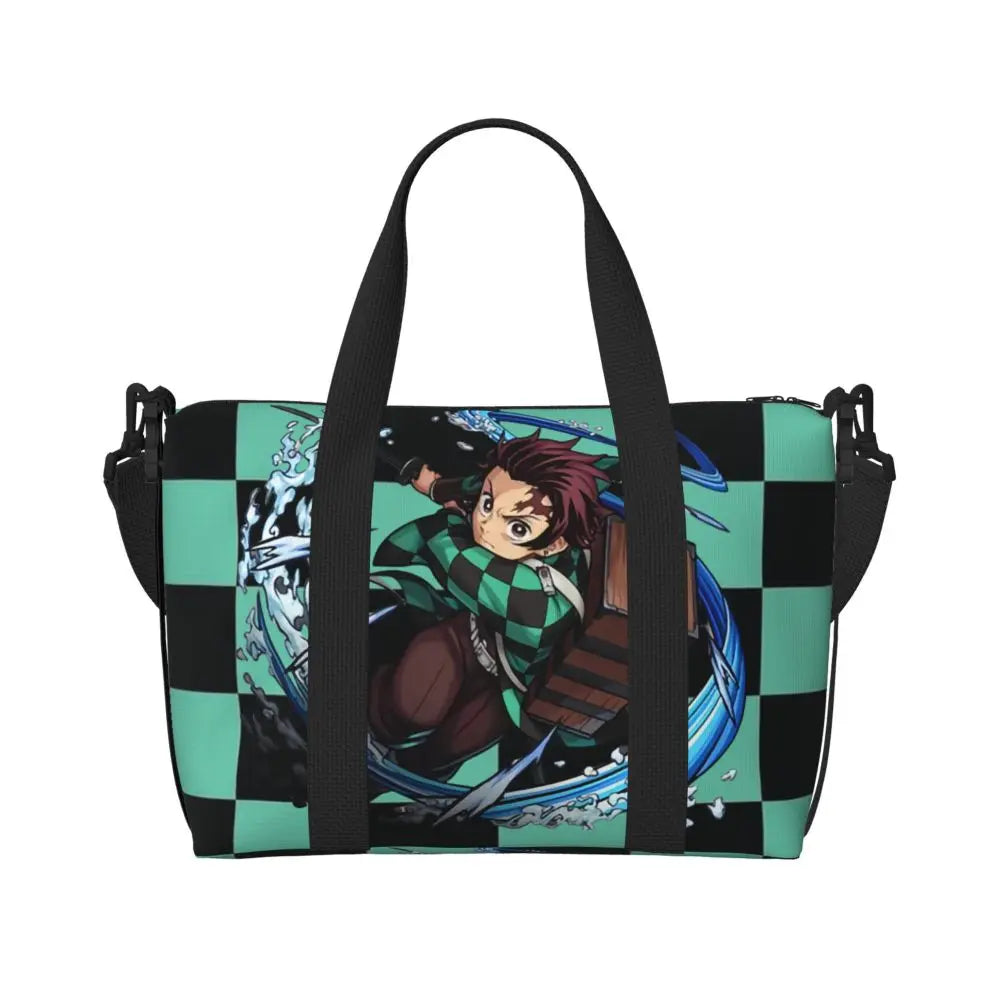 Custom Demons Slayers Anime Manga Beach Tote Bag for Women Tanjiro Kamado Nezuko Big Compartment Gym Beach Travel Bags