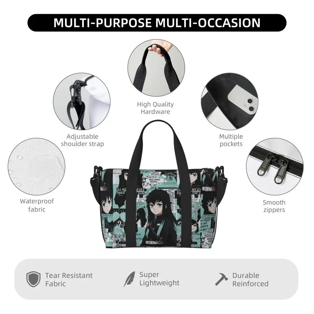 Custom Demons Slayers Anime Manga Beach Tote Bag for Women Tanjiro Kamado Nezuko Big Compartment Gym Beach Travel Bags