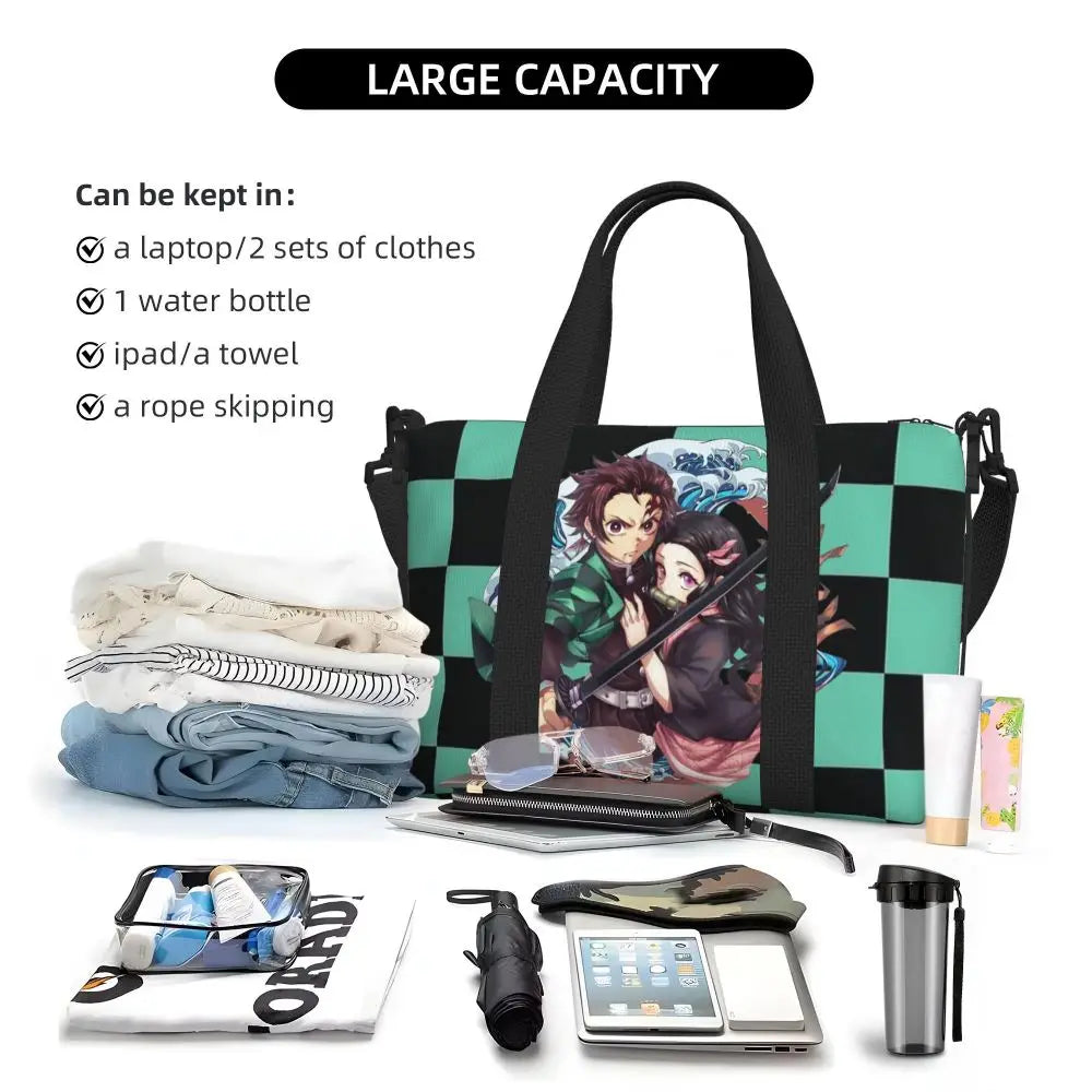 Custom Demons Slayers Anime Manga Beach Tote Bag for Women Tanjiro Kamado Nezuko Big Compartment Gym Beach Travel Bags