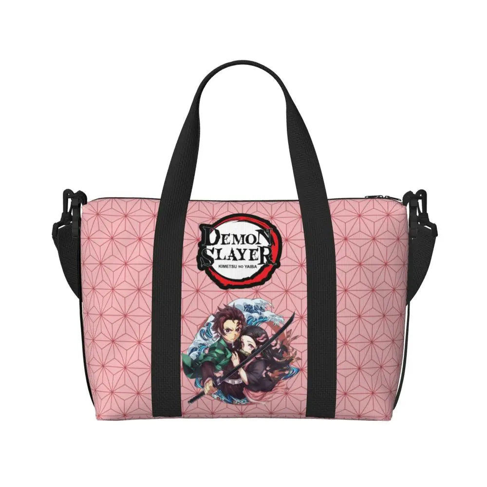 Custom Demons Slayers Anime Manga Beach Tote Bag for Women Tanjiro Kamado Nezuko Big Compartment Gym Beach Travel Bags