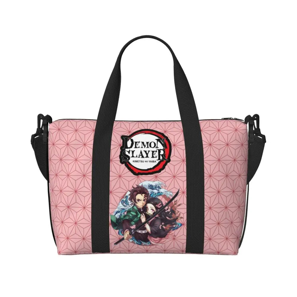 Custom Demons Slayers Anime Manga Beach Tote Bag for Women Tanjiro Kamado Nezuko Big Compartment Gym Beach Travel Bags