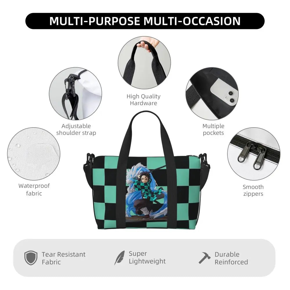 Custom Demons Slayers Anime Manga Beach Tote Bag for Women Tanjiro Kamado Nezuko Big Compartment Gym Beach Travel Bags