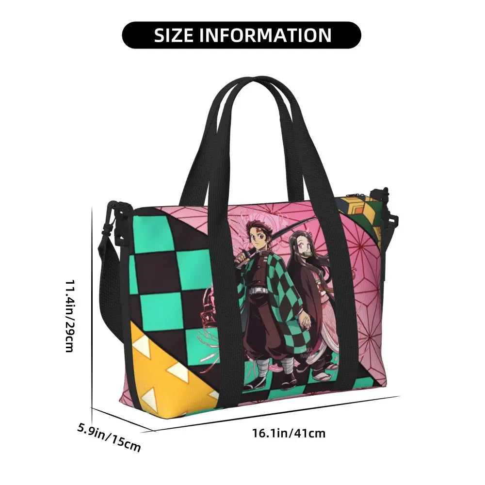 Custom Demons Slayers Anime Manga Beach Tote Bag for Women Tanjiro Kamado Nezuko Big Compartment Gym Beach Travel Bags