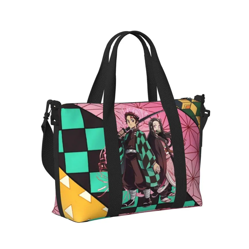 Custom Demons Slayers Anime Manga Beach Tote Bag for Women Tanjiro Kamado Nezuko Big Compartment Gym Beach Travel Bags
